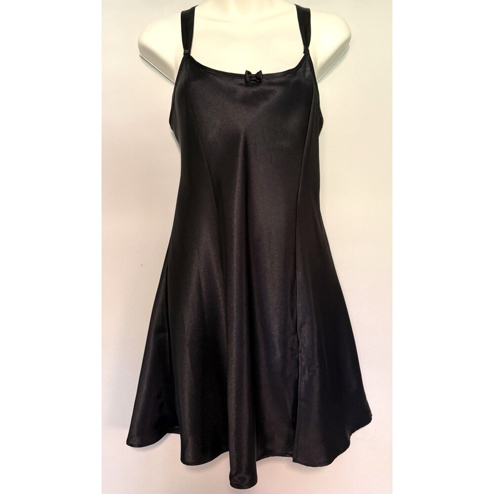 Vintage Morgan Taylor Intimates Black Satin Chemise Slip Dress Sz Medium 90s Y2K